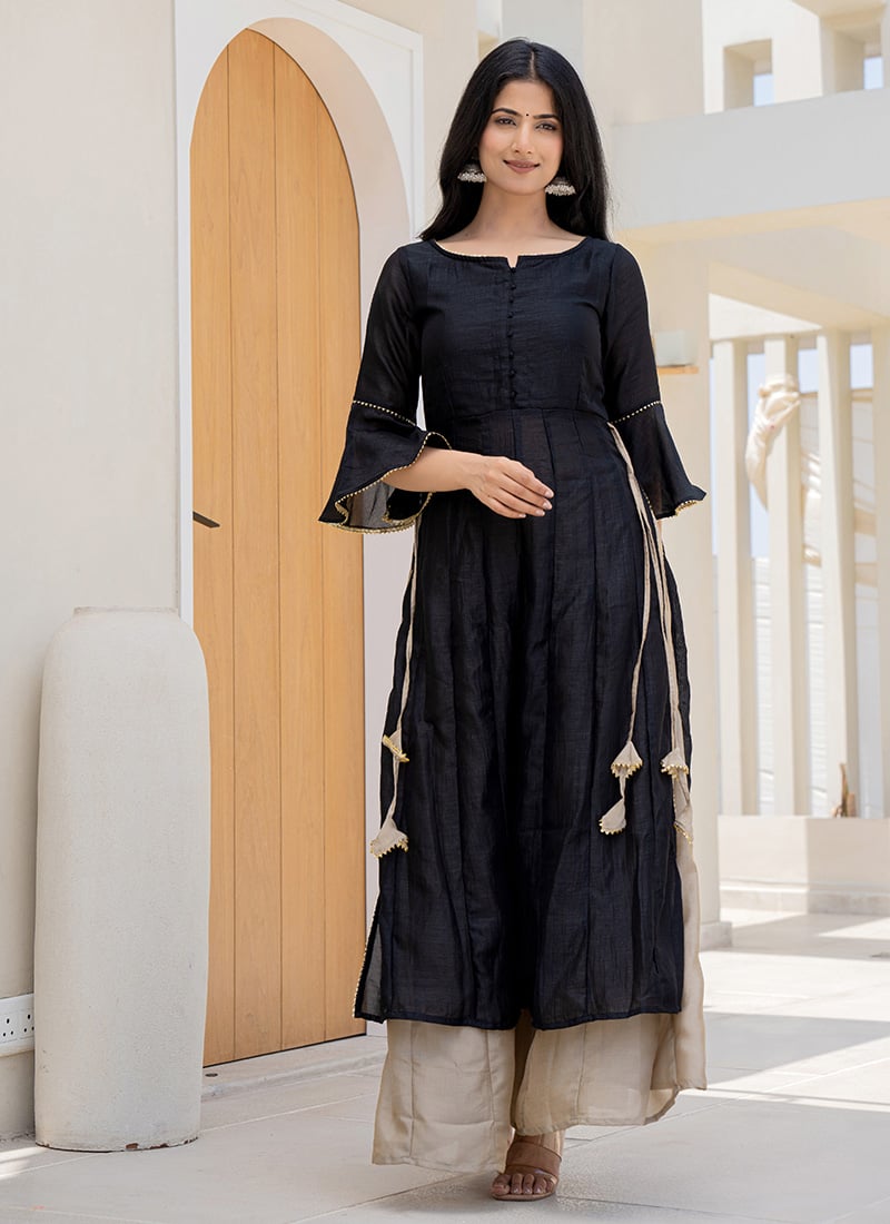 Black Chiffon Crepe Lace Work Kurta Palazzo Set