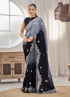Black Chiffon Embroidered And Zari Pedding Saree