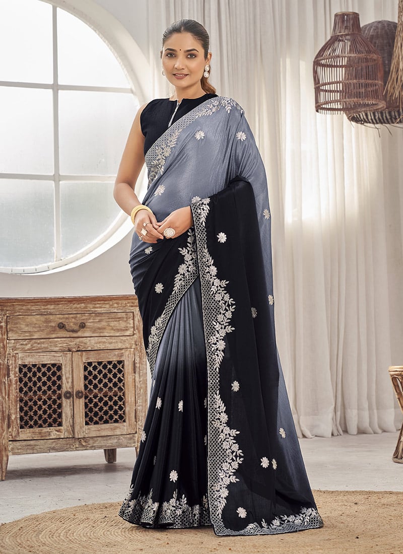 Black Chiffon Embroidered And Zari Pedding Saree Festive Wear