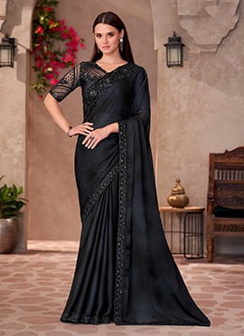 Black Chiffon Embroidered Sequins Cut Work Saree