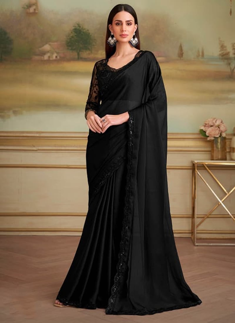 Black Chiffon Embroidered Sequins Saree Festive Wear