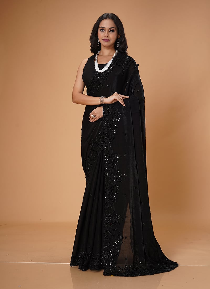 Black Chiffon Pearl Work Saree Wedding Wear