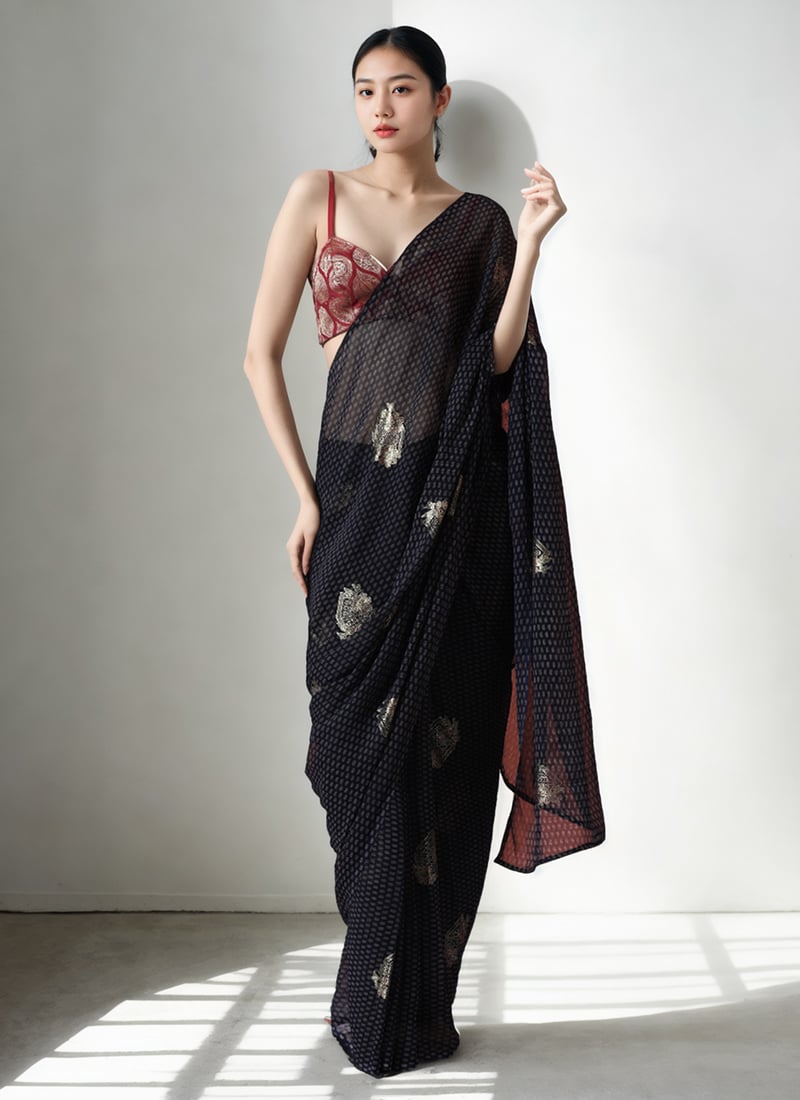 Black Chiffon Print Pre Draped Saree After Six Wear