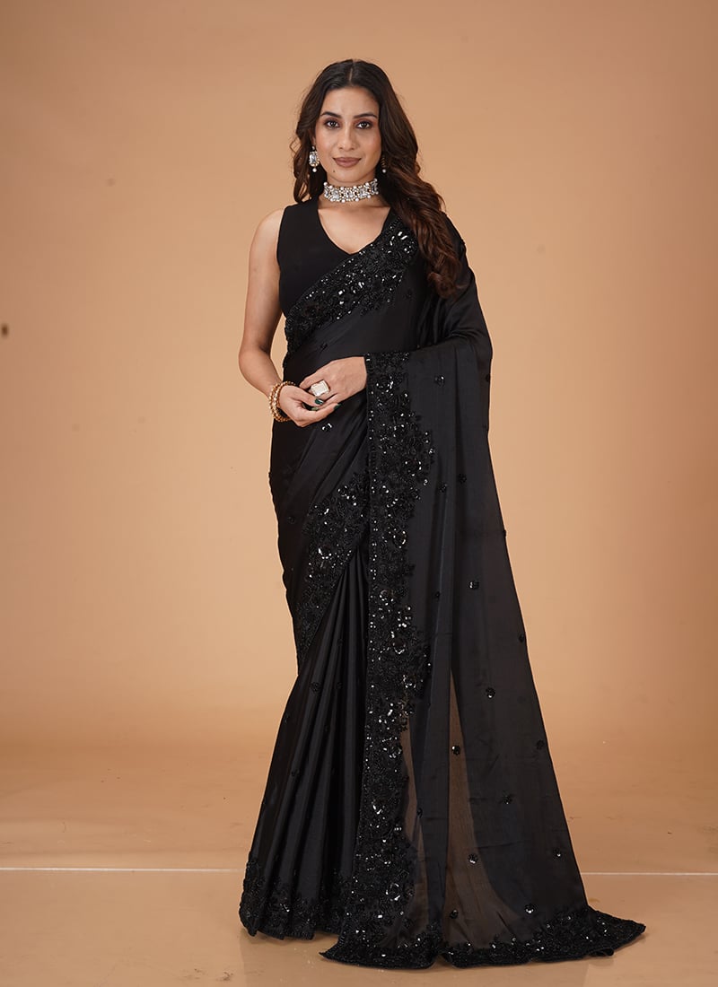 Black Chiffon With Beads Work And Sequins Saree Wedding Wear-SASRFJ6045BL
