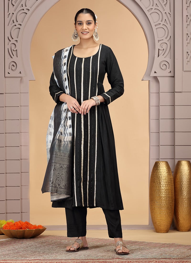 Black Chiffon Zari Digital Print Anarkali Suit Festive Wear