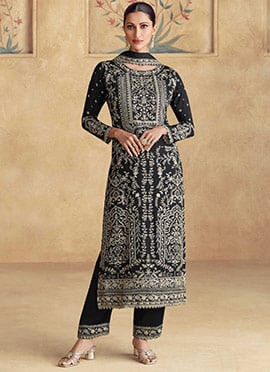 Black Chinnon Silk Embroidered Sequins Pakistani Straight Pant Suit