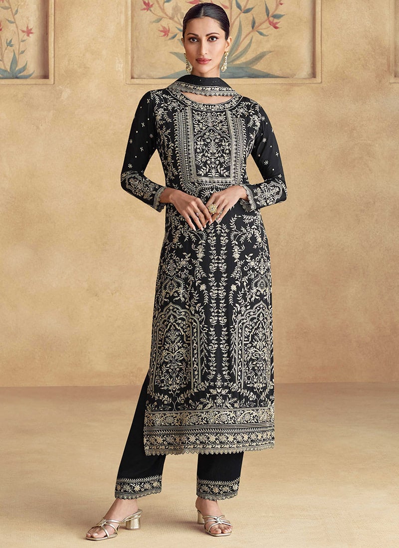 Black Chinnon Silk Embroidered Sequins Pakistani Straight Pant Suit Festive Wear