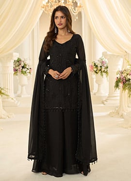 Black Chinnon Silk Palazzo Suit With Embroidered Beads And Sequins Work