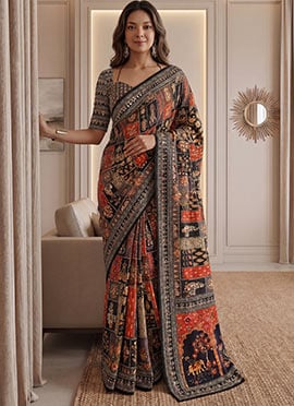 Black Chinon Ajrak Mirror Work Saree