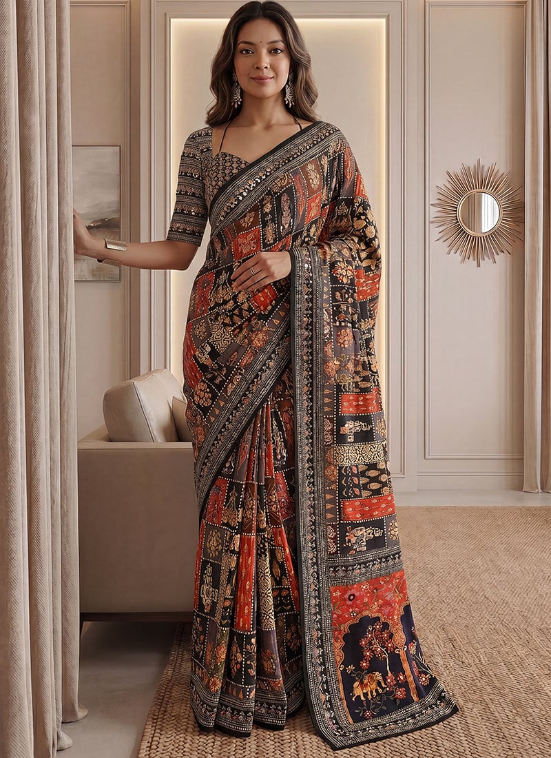 Black Chinon Ajrak Mirror Work Saree Festive Wear