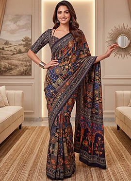 Black Chinon Ajrak Mirror Work Saree