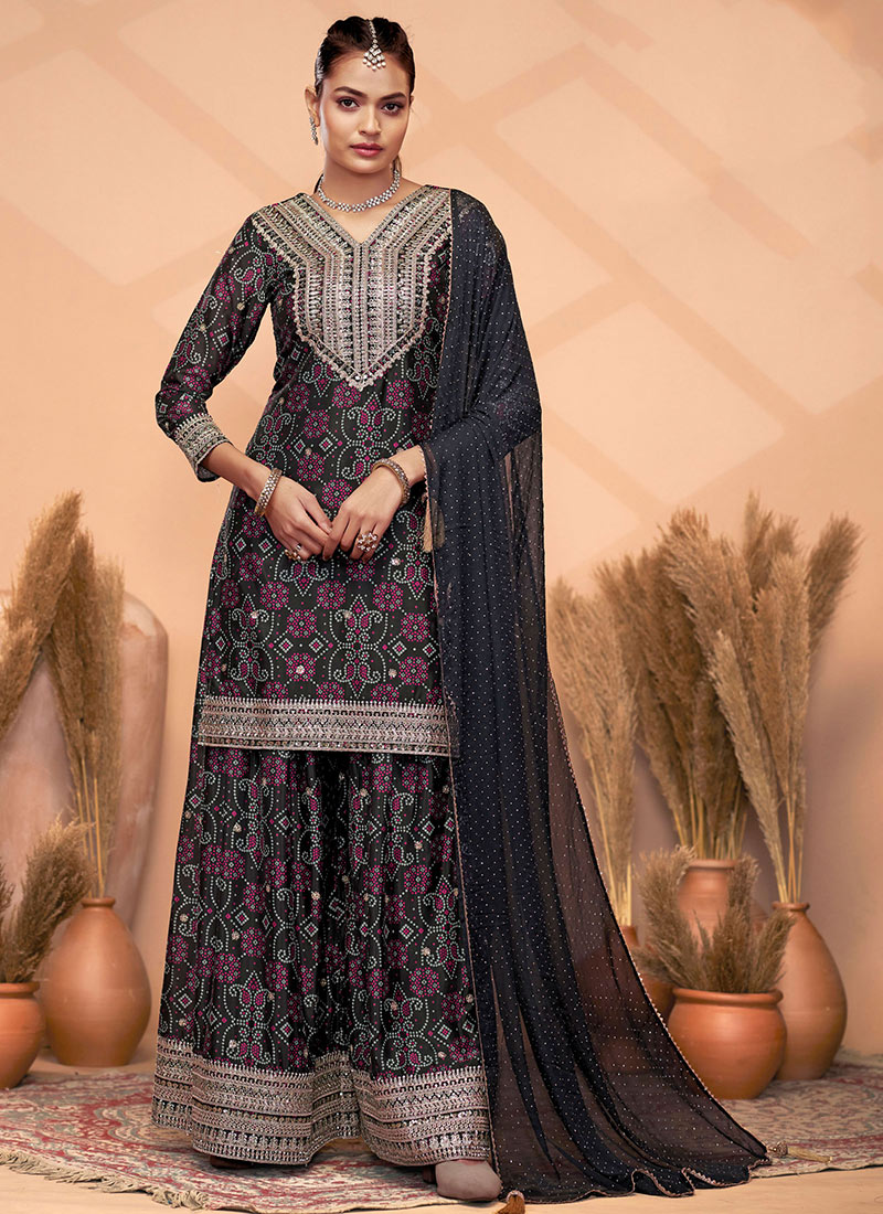 Black Chinon Bandhini Print Embroidered Sequins Palazzo Suit Festive Wear