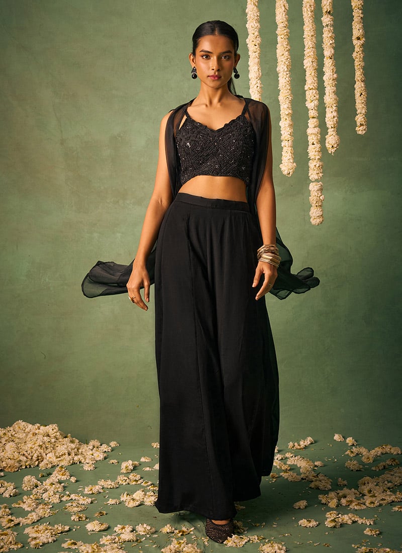 Black Chinon Beads Hand Work Sequins Indowestern Jacket Palazzo Set Wedding Wear