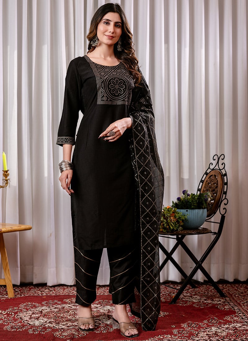 Black Chinon Cotton Foil Print Straight Pant Suit After Six Wear