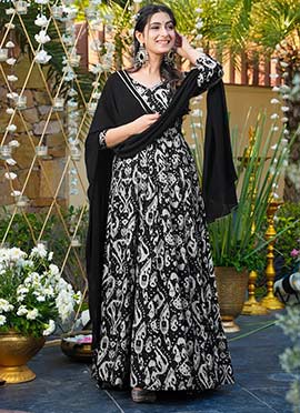 Black Chinon Digital Print Anarkali Suit