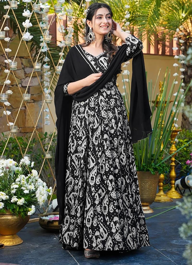 Black Chinon Digital Print Anarkali Suit After Six Wear