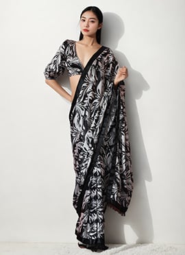 Black Chinon Digital Print Pre Draped Saree