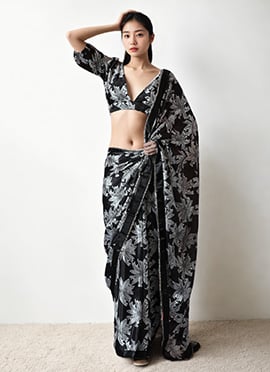 Black Chinon Digital Print Pre Draped Saree