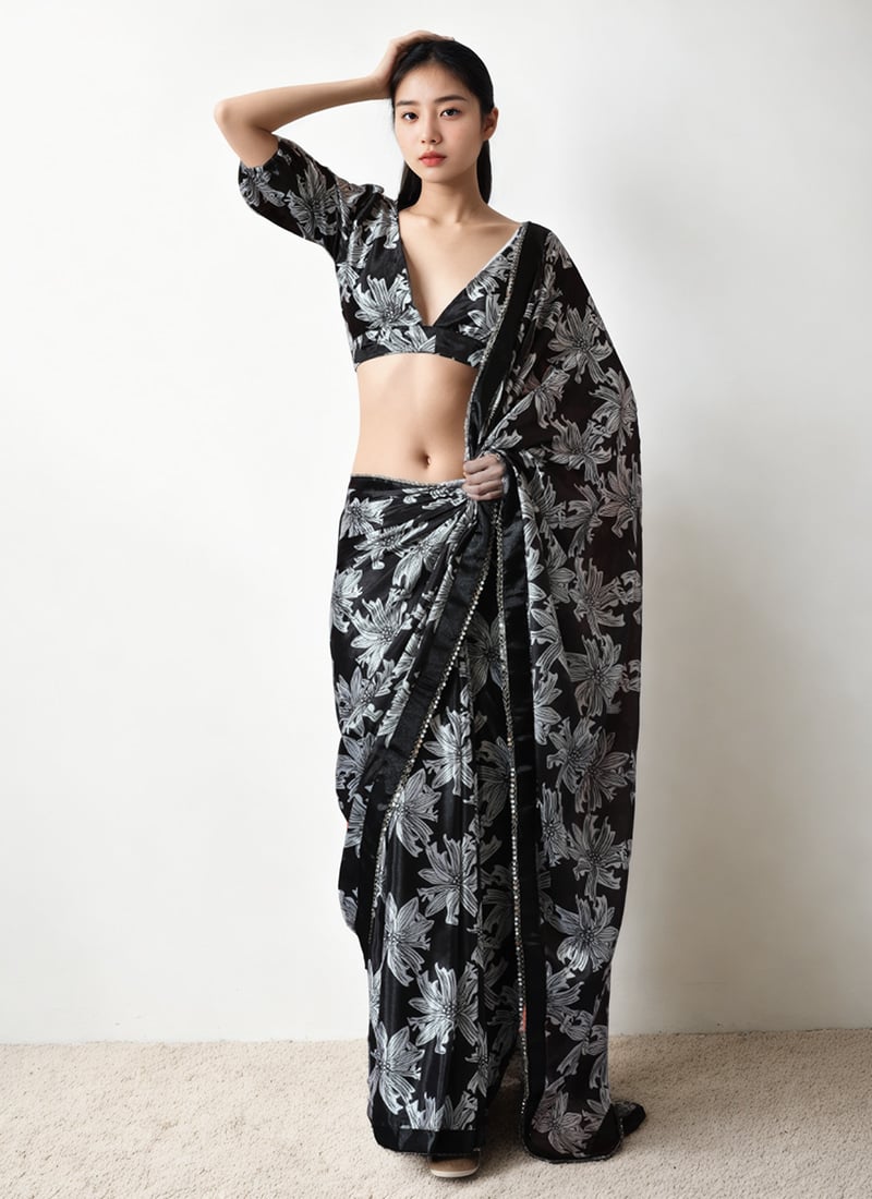 Black Chinon Digital Print Pre Draped Saree After Six Wear