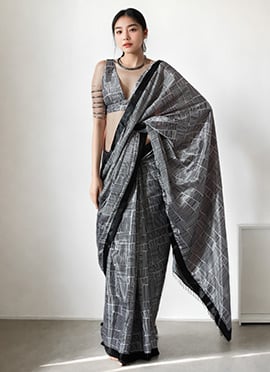 Black Chinon Digital Print Pre Draped Saree