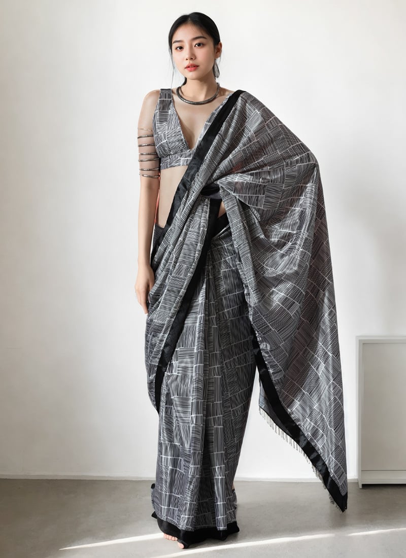 Black Chinon Digital Print Pre Draped Saree After Six Wear