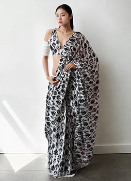 Black Chinon Digital Print Pre Draped Saree