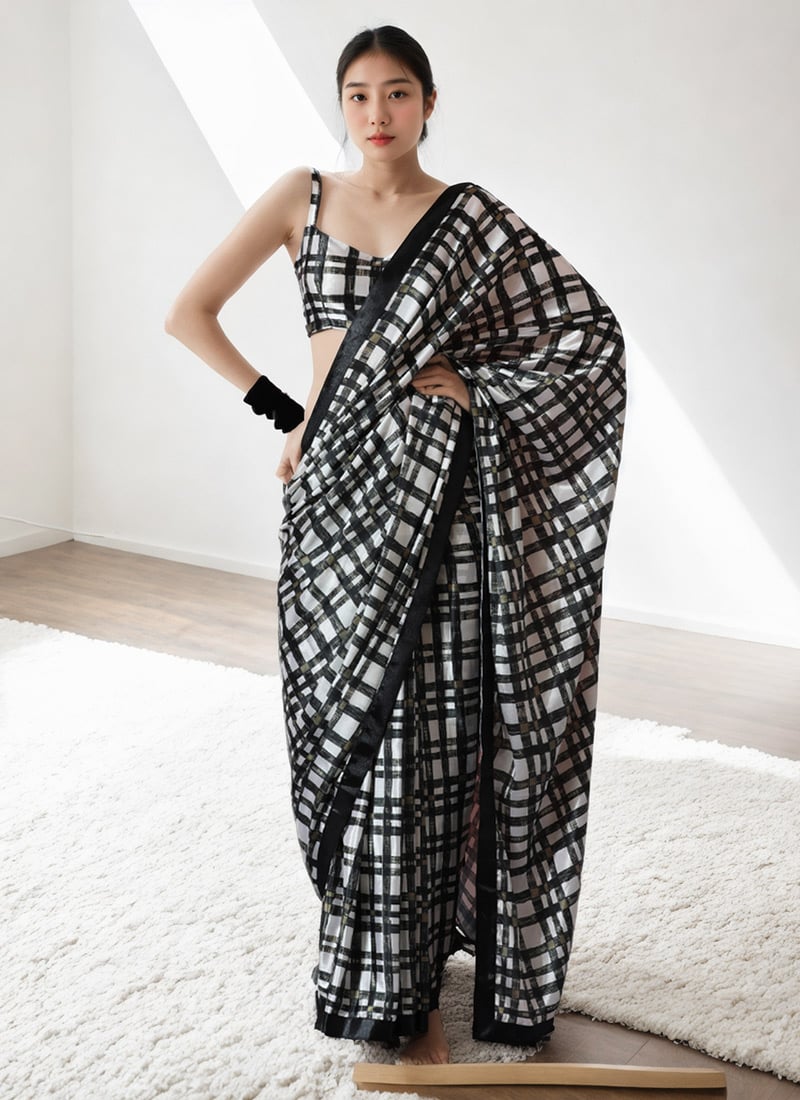 Black Chinon Digital Print Pre Draped Saree After Six Wear