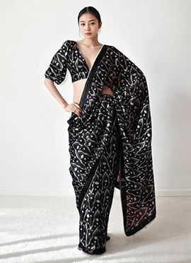Black Chinon Digital Print Pre Draped Saree