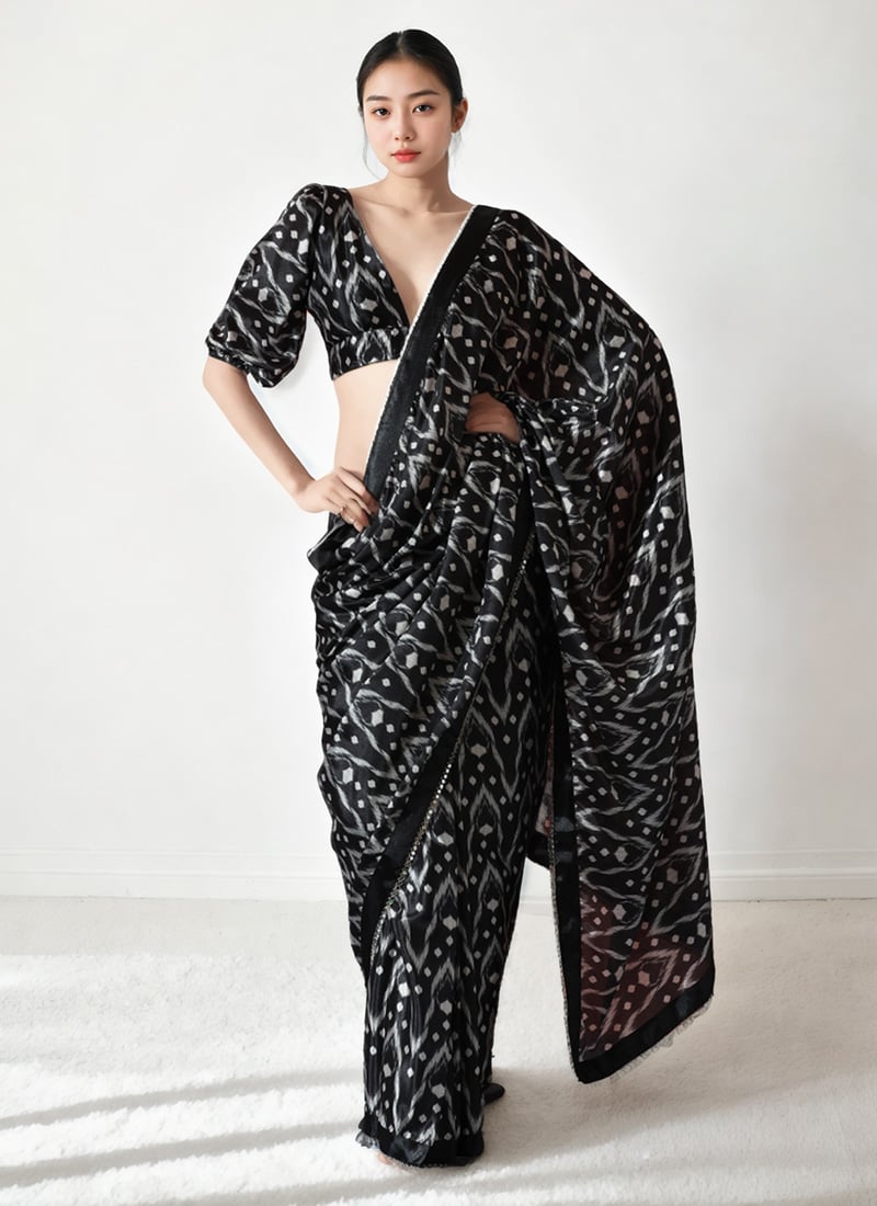 Black Chinon Digital Print Pre Draped Saree After Six Wear