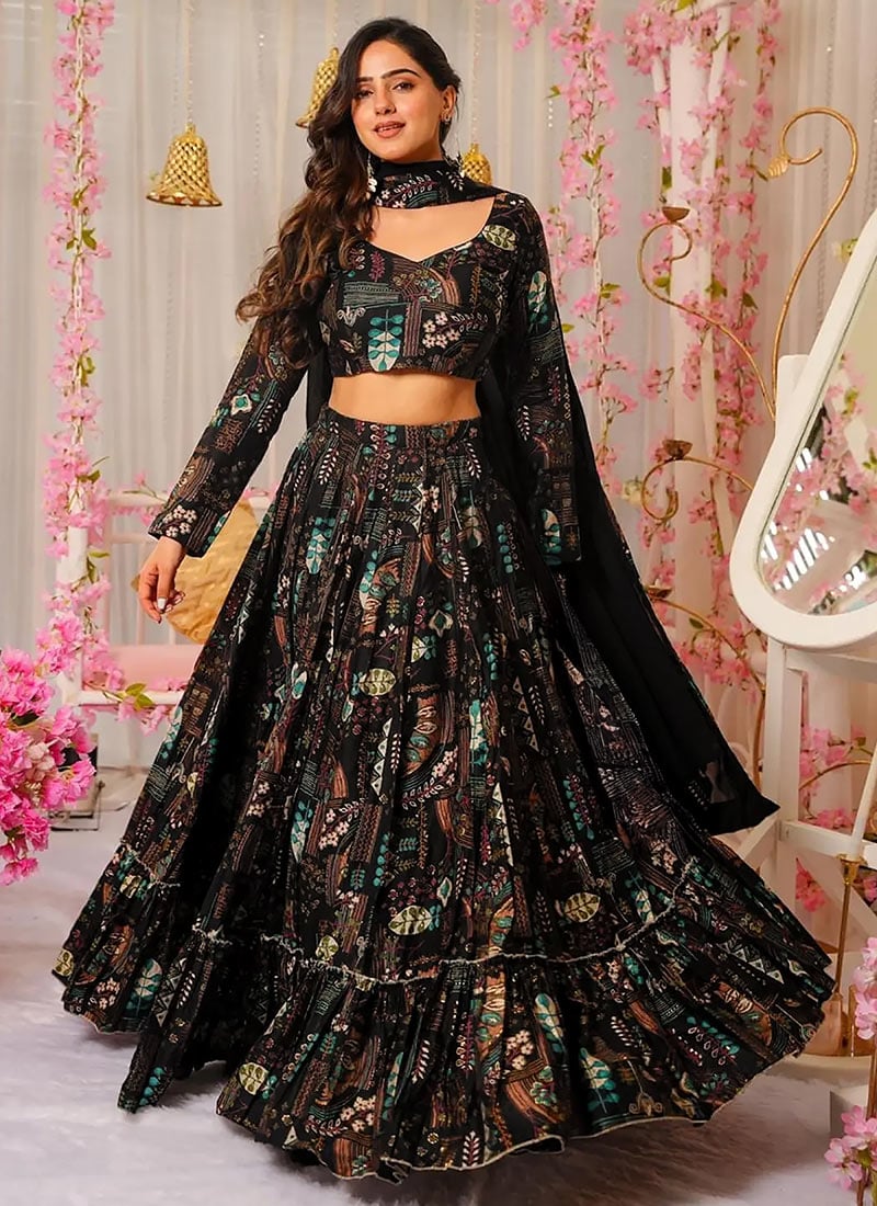 Black Chinon Digital Print Umbrella Lehenga After Six Wear