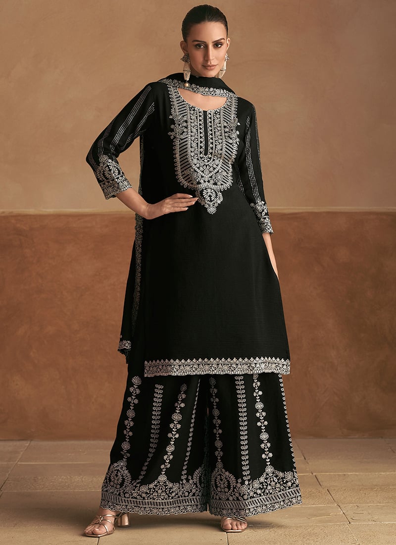 Black Chinon Elegantly Embroidered Sequins Palazzo Suit Festive Wear