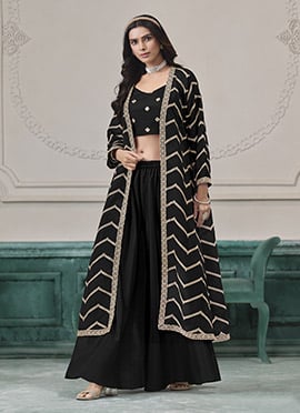Black Chinon Embroidered Indowestern Sets and Suits