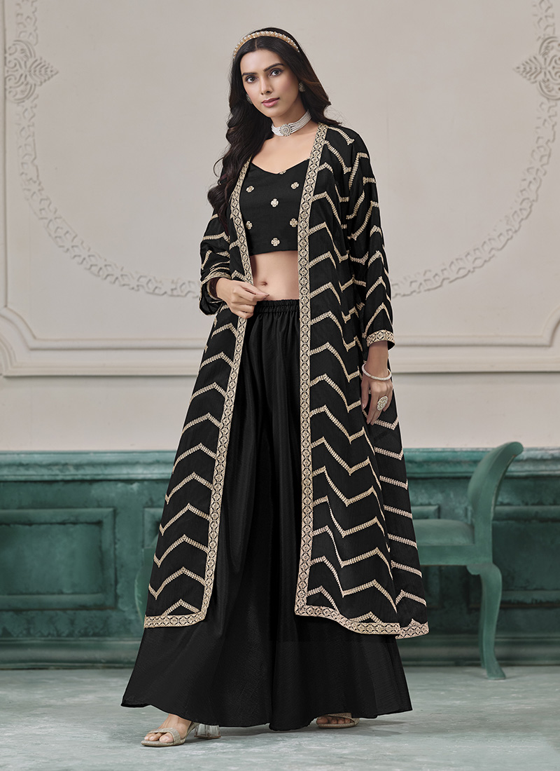 Black Chinon Embroidered Indowestern Sets and Suits Festive Wear