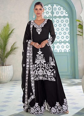Black Chinon Embroidered Palazzo Suit
