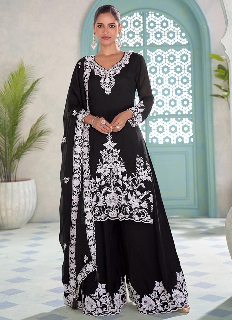 Black Chinon Embroidered Palazzo Suit Festive Wear