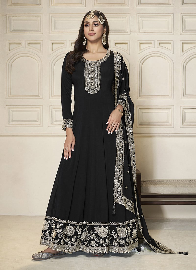 Black Chinon Embroidered Sequins Anarkali Suit Festive Wear