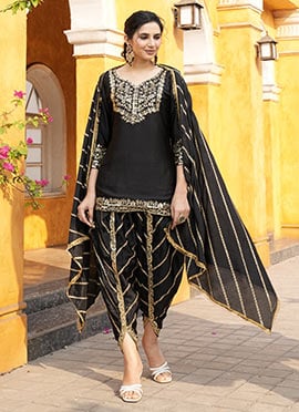 Black Chinon Embroidered Sequins Dhoti Suit