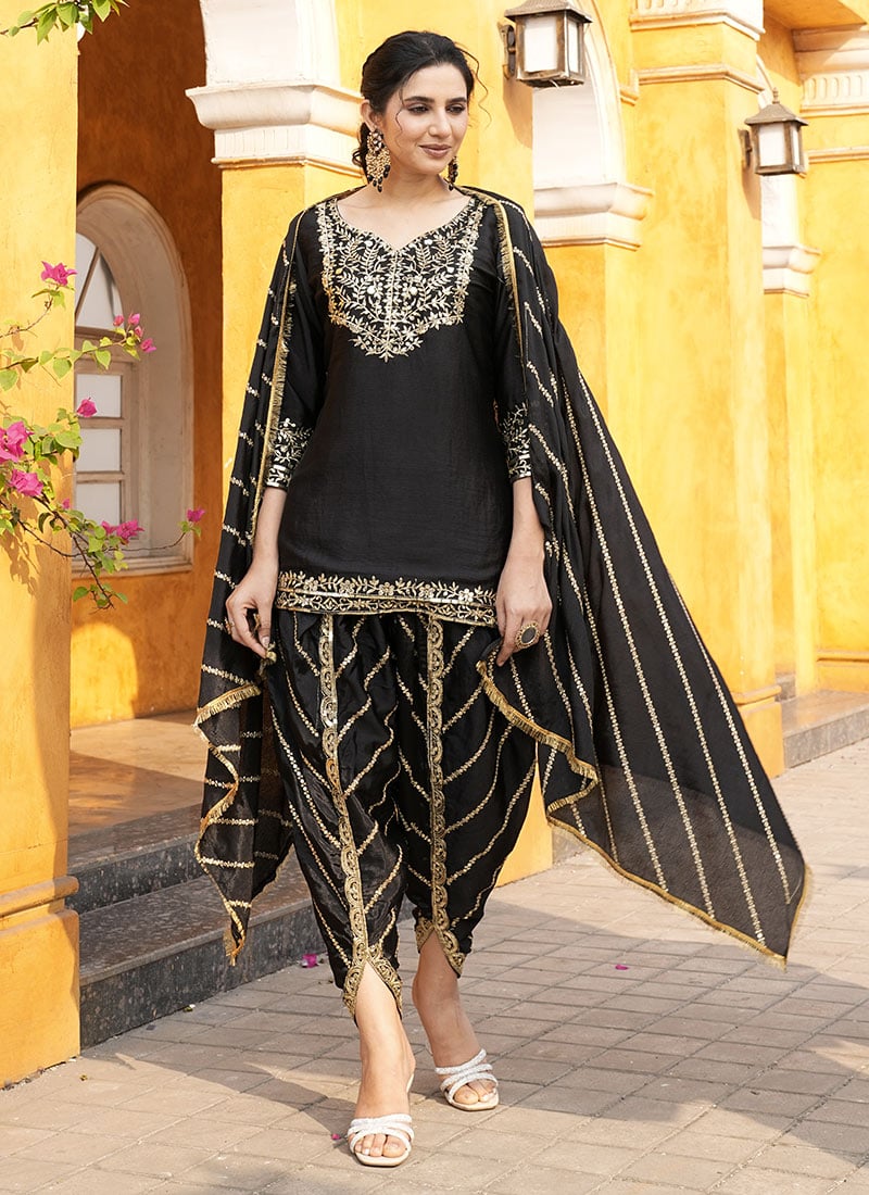 Black Chinon Embroidered Sequins Dhoti Suit Festive Wear