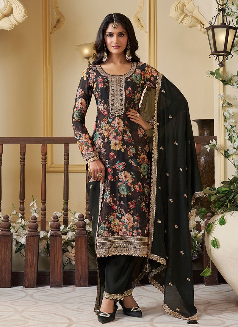 Black Chinon Embroidered Sequins Digital Print Straight Pant Suit Festive Wear