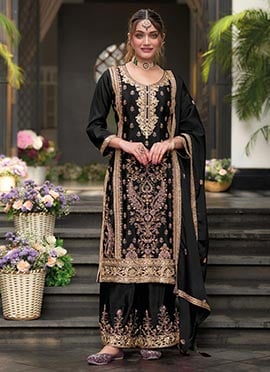 Black Chinon Embroidered Sequins Palazzo Suit