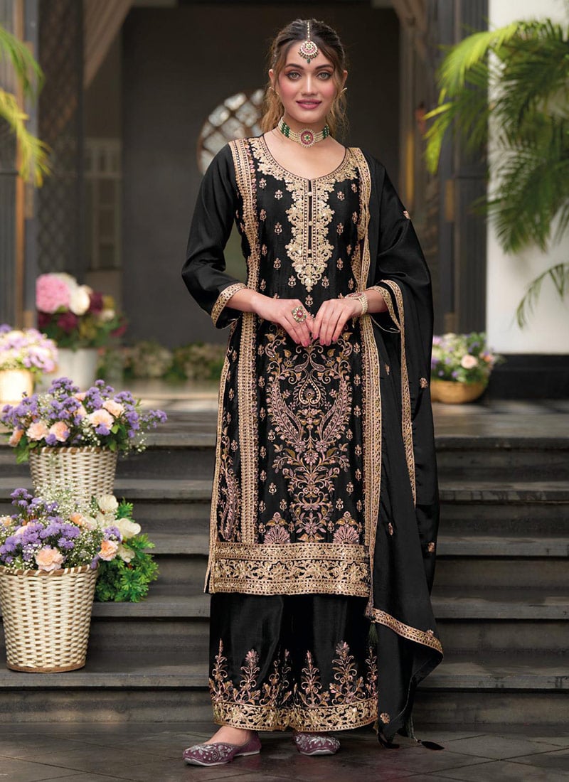 Black Chinon Embroidered Sequins Palazzo Suit Festive Wear