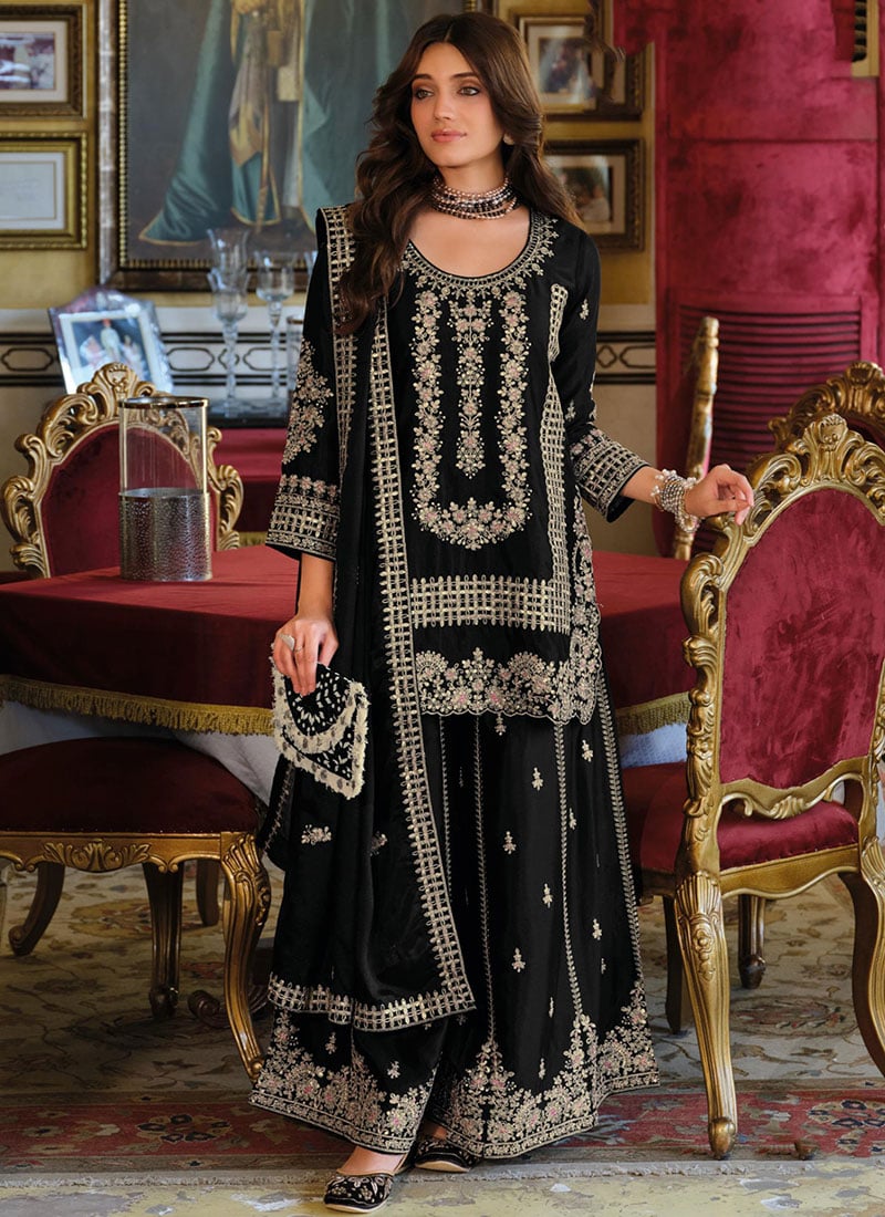 Black Chinon Embroidered Sequins Palazzo Suit Festive Wear