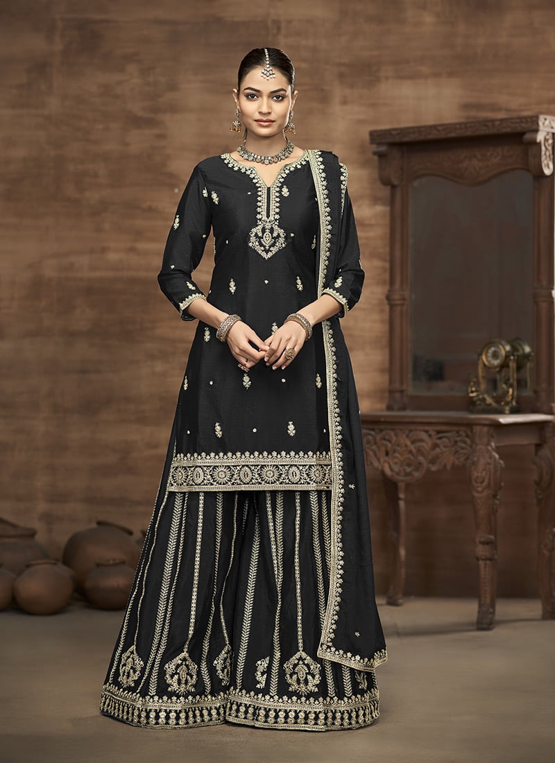 Black Chinon Embroidered Sequins Palazzo Suit Festive Wear
