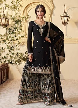 Black Chinon Embroidered Sequins Palazzo Suit