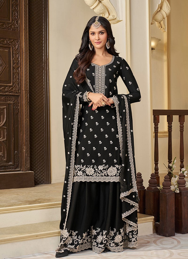 Black Chinon Embroidered Sequins Palazzo Suit Festive Wear