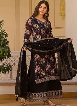 Black Chinon Embroidered Sequins Printed Palazzo Suit