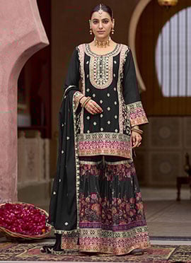 Black Chinon Embroidered Sequins Stone Work With Digital Print Sharara Suit