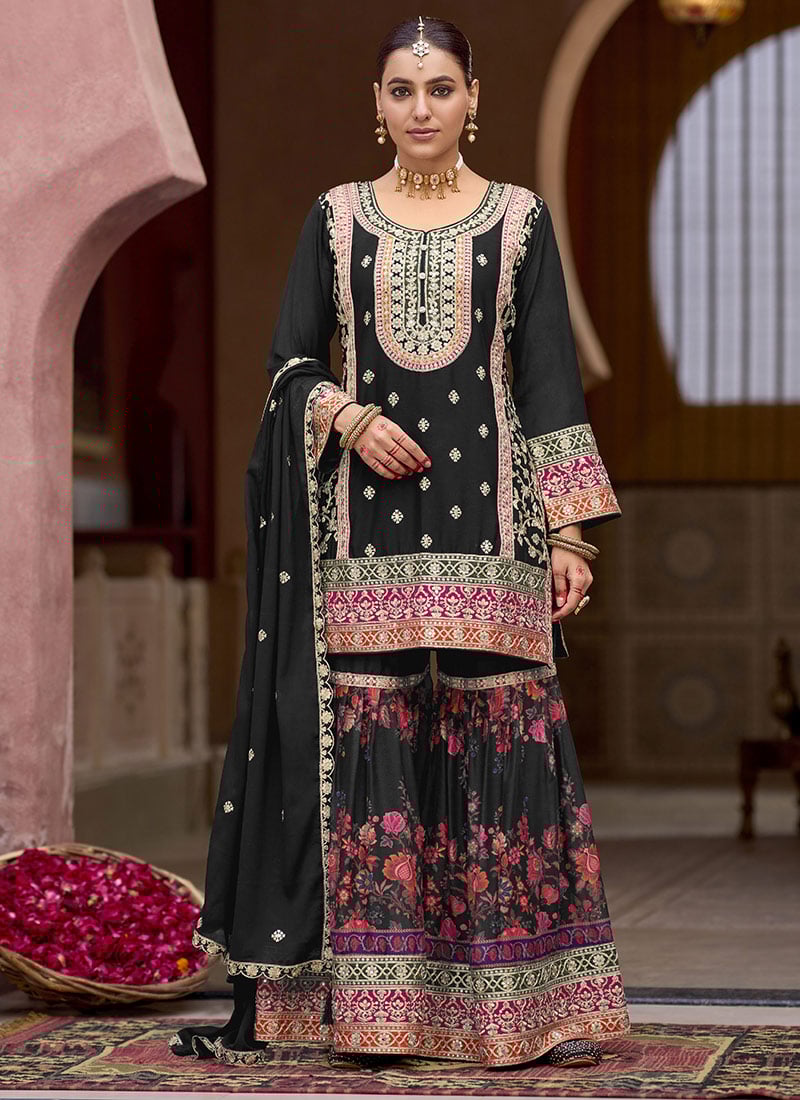Black Chinon Embroidered Sequins Stone Work With Digital Print Sharara Suit
