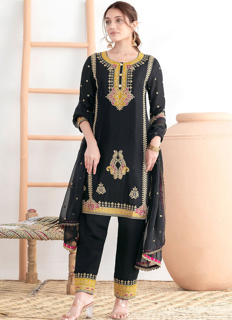 Black Chinon Embroidered Stones Mirror Work Thread Straight Pant Suit Festive Wear