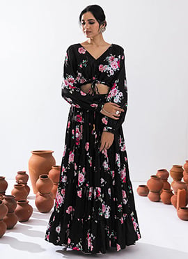 Black Chinon Floral Print Indowestern Skirt Set